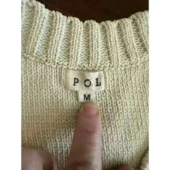 POL Womens Size Medium M  Sweater Green Cream Quilted Cable Knit Vneck Boho - Picture 5 of 13